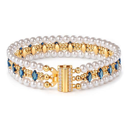 18K Gold Plated Faux Pearl Beaded Bracelet for Women | Vintage Design No Tarnish Finish Gift Box for Birthdays Weddings Anniversaries and Everyday Wear