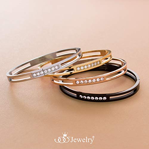 555Jewelry Womens Stainless Steel Fashion CZ Studded Cuff Bangle Bracelet - color: Black - Grooved