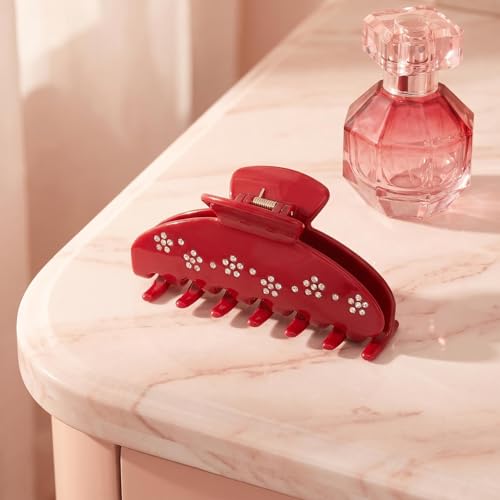 Red Claw Clips Acetate Big Hair Clips for Women Thick Hair 4In | Large 4 Inch Red, Premium Acetate Rhinestone Starburst Non-Slip Jaw Clips for Women Styling Fine, Thick & Curly Updo Hair - color: red