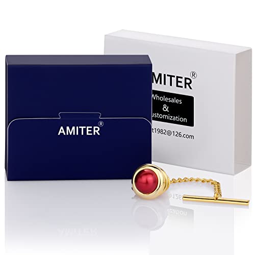 AMITER Crystal/Pearl Tie Tack with Chain, Gold Mens Tie Pin Necktie Pins Lapel Pin for Wedding Birthday Anniversary Party - color: 24k Gold+Red Imitation Pearl