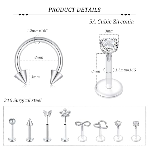 Zolure 16g Lip Rings Horseshoe Labret Jewelry Lip Barbell Ring Spike Snake Bite Piercing Jewelry Tragus Helix Earrings Studs Medusa Piercing for Women Men - color: 16G 8mm #6
