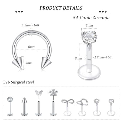 Zolure 16g Lip Rings Horseshoe Labret Jewelry Lip Barbell Ring Spike Snake Bite Piercing Jewelry Tragus Helix Earrings Studs Medusa Piercing for Women Men - color: 16G 8mm #6