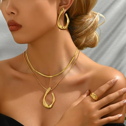 5PCS Gold Plated Jewelry Set for Women Valentine Anniversary Birthday Friendship Holiday Gift,Stainless Steel Necklace Earrings Ring Set