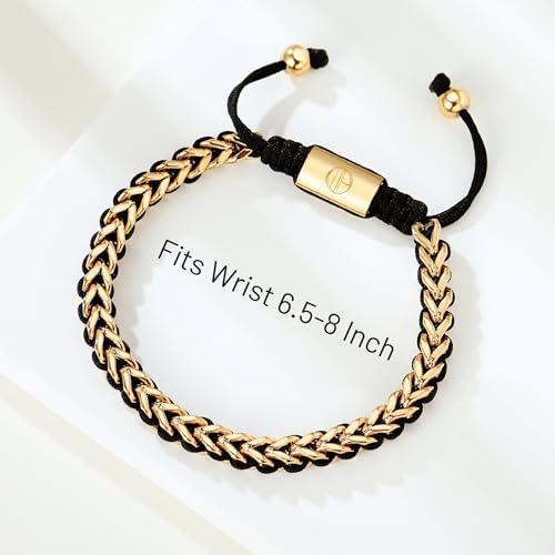 18K Gold-Plated Bracelets for Men Franco Link Chain Adjustable | Stainless Steel Bracelet, Gold Beads Bracelet, Handcrafted Braided, Mens Jewelry Birthday Gift for Men - color: Golden Yellow