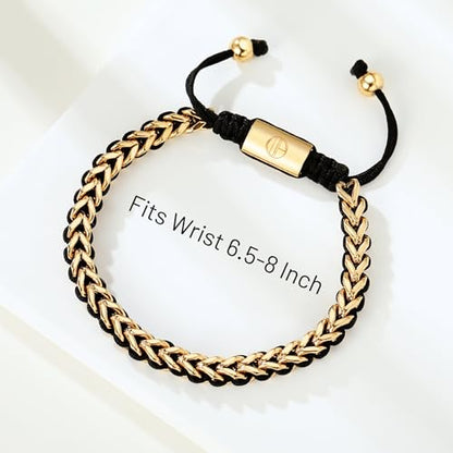 18K Gold-Plated Bracelets for Men Franco Link Chain Adjustable | Stainless Steel Bracelet, Gold Beads Bracelet, Handcrafted Braided, Mens Jewelry Birthday Gift for Men - color: Golden Yellow