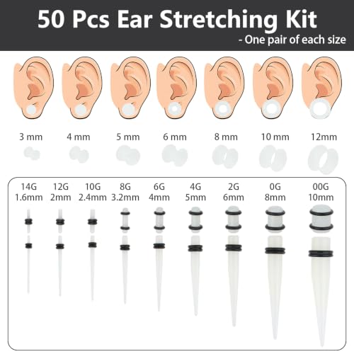 50 Pcs Ear Stretching Kit, Acrylic Gauges for Ears 14G-00G | Lightweight Tapers+ Plugs+ Silicone Tunnels, Gauge Stretching Kit, Piercing Earring Jewelry for Men, Women, Starter Expanders - color: Glow in the Dark