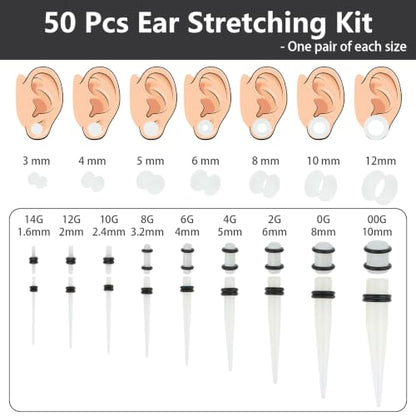 50 Pcs Ear Stretching Kit, Acrylic Gauges for Ears 14G-00G | Lightweight Tapers+ Plugs+ Silicone Tunnels, Gauge Stretching Kit, Piercing Earring Jewelry for Men, Women, Starter Expanders - color: Glow in the Dark