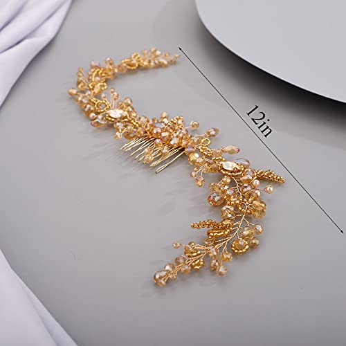 Chargances Crystal Beaded Bridal Pearl Leaf Hair Comb Rhinestone Handmade Headpiece for Wedding Prom Flower Girl (Orange) - color: Orange