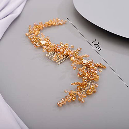 Chargances Crystal Beaded Bridal Pearl Leaf Hair Comb Rhinestone Handmade Headpiece for Wedding Prom Flower Girl (Orange) - color: Orange