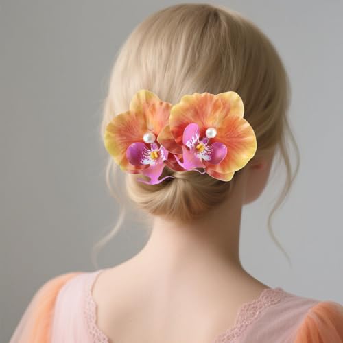 Bohemian Artificial Orchid Hair Clips, 2 Pack Floral Alligator Barrettes, Hawaiian Style Hairpins, 3.54 inch Pearl Decorated Flower Accessories Summer Beach Wedding Floral Headwear (Orange) - color: Orange