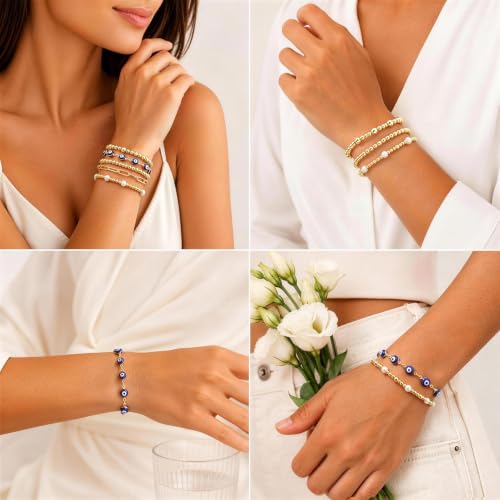 XUANPAI Evil Eye Bracelet for Women, 14K Gold Plated Beaded Bracelet Set | 5PCS Stackable Dainty Nazar Bracelet, Adjustable Turkish Eye Good Luck Protection Jewelry Gift for Mother’s Day Birthday - color: Blue