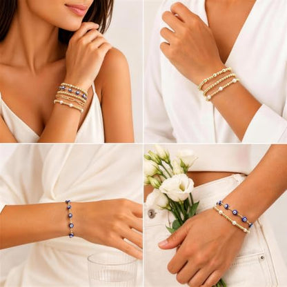 XUANPAI Evil Eye Bracelet for Women, 14K Gold Plated Beaded Bracelet Set | 5PCS Stackable Dainty Nazar Bracelet, Adjustable Turkish Eye Good Luck Protection Jewelry Gift for Mother’s Day Birthday - color: Blue