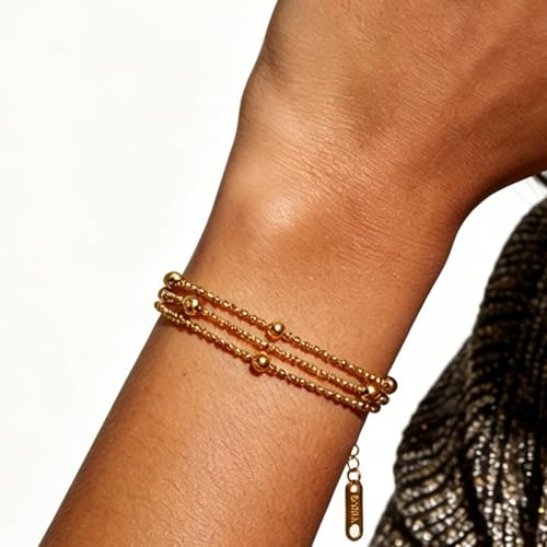 CTRLZTEAM 14K 18K Gold Plated Layered Bracelets for Women Stacked Bracelet | 14K 18K gold plated multi layer bracelets combine distinct chains with single clasp for instant pre-stacked style - style: Triple-Strand Integrated Layering