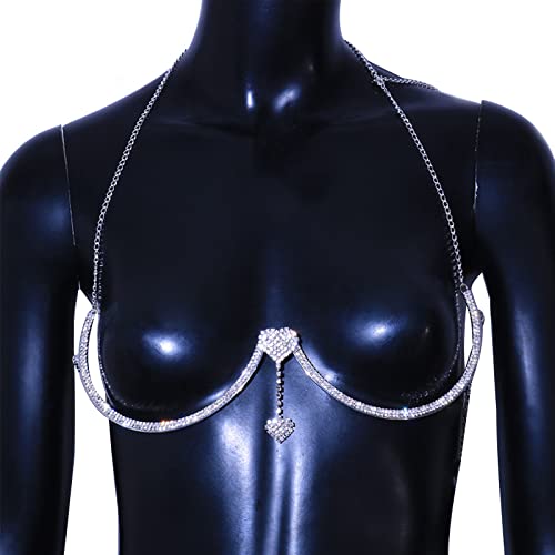 Rhinestone Chest Bracket Chain Trendy Crystal Heart Pendant Bra Chain Sexy Bikini Body Chain Jewelry for Women - color: Silver