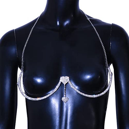 Rhinestone Chest Bracket Chain Trendy Crystal Heart Pendant Bra Chain Sexy Bikini Body Chain Jewelry for Women - color: Silver