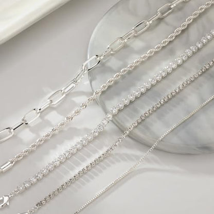 Gold Bracelets for Women 14K Gold Plated Stack Trend Bracelets Charm Paperclip Chain Cuban Link Layered Waterproof Bracelet Dainty Bracelet for Women Jewelry Gifts - color: Silver 5Pcs