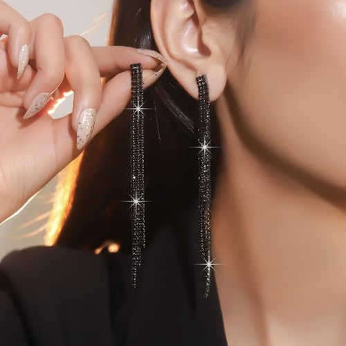 Sparkly Rhinestone Long Tassel Dangle Earrings Crystal Chandelier Dangle Drop Earrings Wedding Party Prom Earrings Jewelry for Women Gifts - color: Black