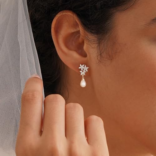 Plenky Pearl Earrings-14K Gold Plated Dainty Pearl Drop Simple Wedding CZ Dangle Dangling Cute Stud Earrings for Brides Earrings for Women Gifts - style: CZ flowers Pearl Earrings