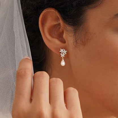 Plenky Pearl Earrings-14K Gold Plated Dainty Pearl Drop Simple Wedding CZ Dangle Dangling Cute Stud Earrings for Brides Earrings for Women Gifts - style: CZ flowers Pearl Earrings
