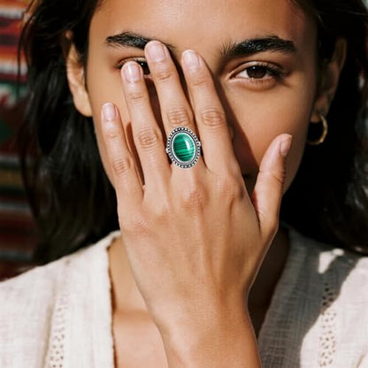 Retro Sterling Silver Stone Ring,Antique Natural Real Oval Crystal Quartz Gemstone Boho Bohemian Ring Jewelry for Women - color: A20_Malachite