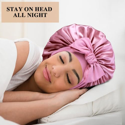 2+3 Large Satin Bonnets with Scrunchies for Women, Hair Bonnet Sleeping Tie Bonnet for Braids Curly Hair - color: #a - Black, Rose Gold