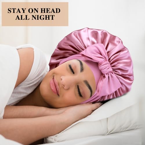 2+3 Large Satin Bonnets with Scrunchies for Women, Hair Bonnet Sleeping Tie Bonnet for Braids Curly Hair - color: F - Rose Gold, Teal