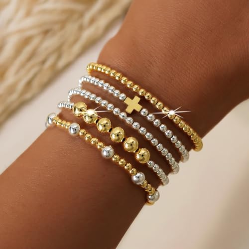 5Pcs Stack Gold Plated Ball Beaded Bracelets Set for Women, Boho Handmade Colorful Glass Pearl Stretch Accessories Jewelry, Summer Beach Daily Wear Holiday Friendship Gift - color: Silver