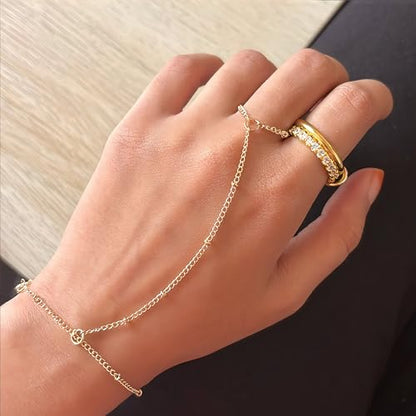 3PCS 14K Gold-Plated Hand Chain Bracelets for Women, Stack Bracelets Set Adjustable, Trendy Dainty Ring Bracelet Hand Chain - color: gold-3-A