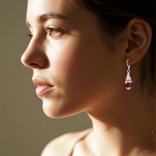 Natural 10mm Stone Beads Drop Earrings,Retro Silver Round Quartz Crystal Gemstone Beads Dangle Earrings for Women - color: A01_Red Garnet