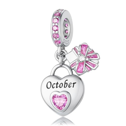 HappyStar 925 Sterling Silver Happy Birthday Bead Charm Love Heart Shape Birthstone Charms for Bracelets Dangle Pendant with 5A Cubic Zirconia Compatible Pandora Bracelets Jewelry Gift for Women - color: 91-October Birthstone Charms
