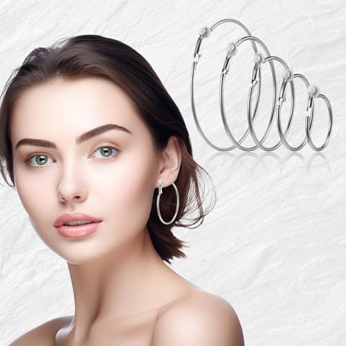 5 Pairs Stainless Steel Clip on Earrings Hoop 5 Sizes 30/40/50/60 /70mm Earrings for Women Thin Lightweight Dangle Set