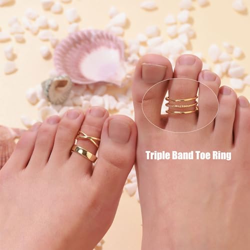 PLOMFOV 14K Gold Filled Gold Toe Rings for Women Adjustable Toe Rings Non Tarnish Solid 14K Real Gold Toe Ring - style: Triple