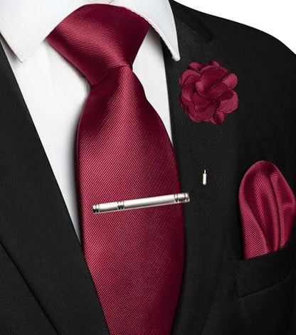 JEMYGINS Formal Necktie Solid Color Tie and Pocket Square with Tie Clip Lapel Pin Sets for Men 4PCS - color: Burgundy