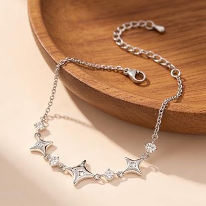 Sonateomber Dainty Gold Silver Star Bracelets for Women, Sparkly Trendy CZ Rhinestone Adjustable Link Chain Elegant Cute Celestial Bracelet Prom Wedding Accessories Fashion Jewelry Gift - color: Silver