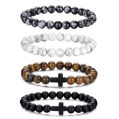 Mens Beaded Bracelets Set 8MM Tiger Eye Lava Stone Stretch Natural Stone Men's Bead Bracelet Mens Bracelet - color: 4,Cross Bead Bracelets