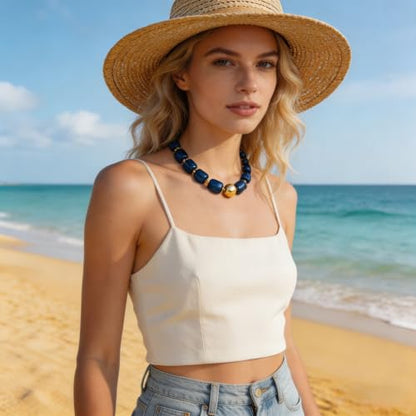 Colorful Statement Chunky Beaded Necklace for Women Trendy Y2K Boho Choker | Large Square Resin Beads Bold Summer Vacation Jewelry - color: Blue