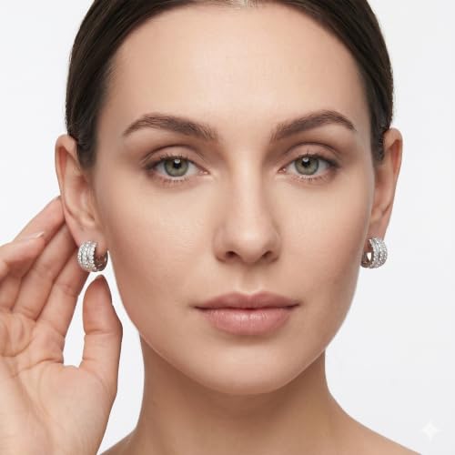 14K Rose Gold Plated Three Row Cubic Zirconia Small Huggie Hoop Earrings Fashion Jewelry for Men Women - color: white2