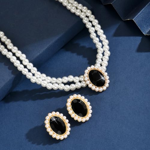 CSIYANJRY99 Pearl Necklace and Earring Set Faux Pearl Jewelry Sets for Women Imitation Beaded Pearl Necklace Bracelet Stud Earrings for Women - color: Blac Zircon Pearl Set