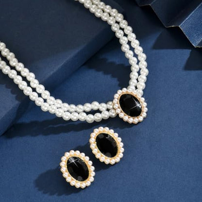 CSIYANJRY99 Pearl Necklace and Earring Set Faux Pearl Jewelry Sets for Women Imitation Beaded Pearl Necklace Bracelet Stud Earrings for Women - color: Blac Zircon Pearl Set