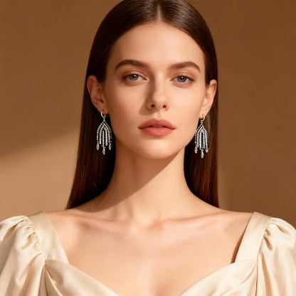 Fringe Dangling Tassel Earrings for Women, Handcrafted Chandelier Long Bohemian Beaded Cubic Zirconia Crystal Imitation Pearls Inlay Statement Boho Chain Hook Earrings for Wedding Party - color: Black Gold Hook