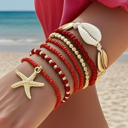 Bohemian Starfish Bracelets for Women - Adjustable Stackable Beach Bracelets, Handmade Stretchy Beaded Summer Jewelry, Perfect for Surf & Waterproof Fun - color: Red