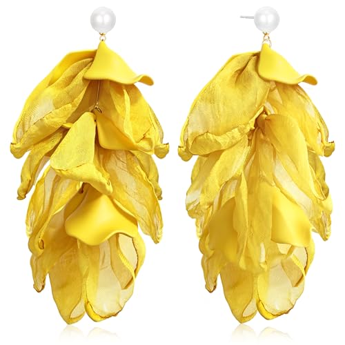 Handmade Bohemian Lightweight Fabric Flower Dangle Drop Earrings Chic Pearl Large Tassel Petal Stud Earrings For Women - color: Ginger