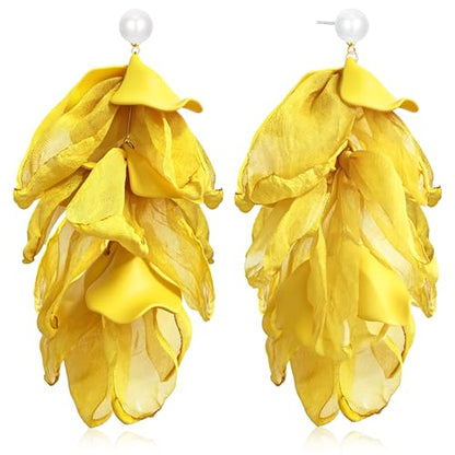 Handmade Bohemian Lightweight Fabric Flower Dangle Drop Earrings Chic Pearl Large Tassel Petal Stud Earrings For Women - color: Ginger