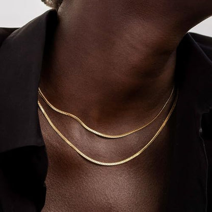 14K Gold Plated Chain Necklace for Women Trendy - 925 Sterling Silver Clasp | Waterproof Dainty Choker Necklace, 14/16/18/20 inch Thin Simple Box Figaro Chain Herringbone Necklace Jewelry for Women Men - color: Snake