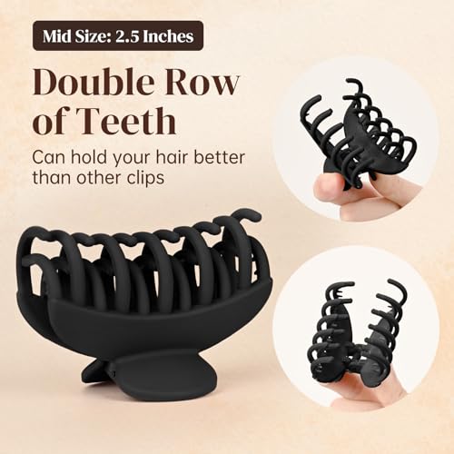 DEEKA 4 PCS 2.5 Inch Hair Claw Clips Double Row Teeth Matte Hair Jaw Clips Hair Barrettes Thick Medium Thin Hair Clips for Women (Black) - color: Black, size: 1 Count (Pack of 4)