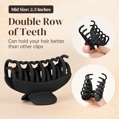 DEEKA 4 PCS 2.5 Inch Hair Claw Clips Double Row Teeth Matte Hair Jaw Clips Hair Barrettes Thick Medium Thin Hair Clips for Women (Black) - color: Black, size: 1 Count (Pack of 4)