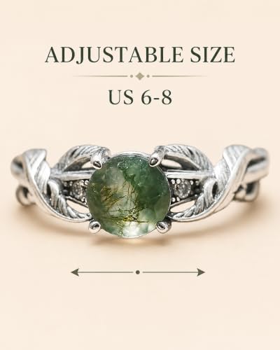 Moss Agate Ring for Women Silver Vintage Open Adjustable Green Gemstone | Natural Moss Agate Stone; Unique Green Gemstone Pattern; Vintage Silver Rings Design; Open Adjustable Fit