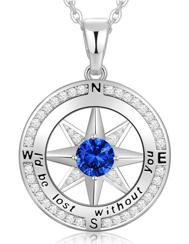 Peeshow Compass Birthstone Necklace for Women Wife, S925 Sterling Silver Gift for Wife Wedding Anniversary Birthday Gifts for Women Jewelry for Her Girlfriend I'd be Lost without You - style: 09-Sept-Sapphire