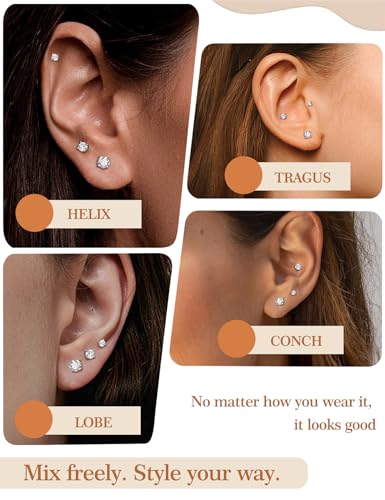 3 Pairs Moissanite Flatback Stud Earrings for Women, 925 Sterling Silver Hypoallergenic Flat Back Cartilage Earrings Set, 18K White Gold Plated - color: 18K White Gold, size: 3,4,5mm