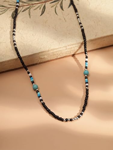 MINACHI Boho Black Turquoise-Tone Seed Bead Southwest Style Necklace | Black seed bead necklace with turquoise-tone resin accents, heishi disk pattern, silver-tone bead details, boho style